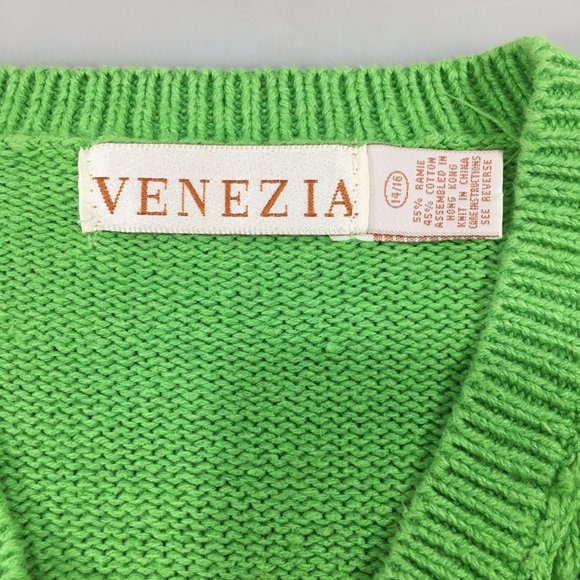 Venezia 14/16 Apple Green V-Neck Ramie Cotton Pullover Sweater 3/4 Sleeves - Picture 5 of 5